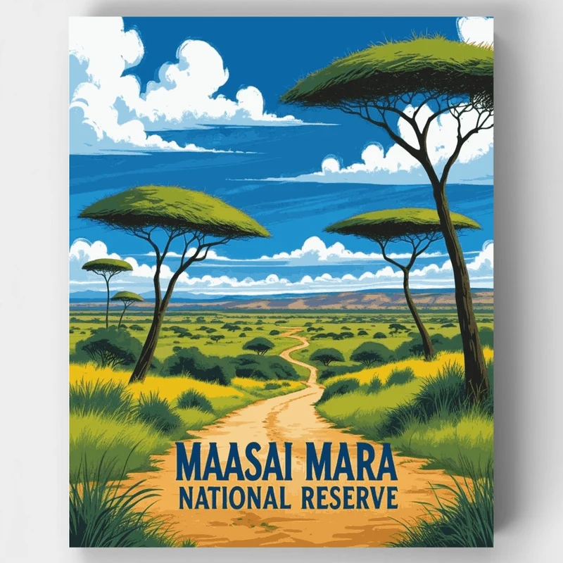 Maasai Mara Acacia Path Under Blue Skies - Paint by Numbers Kit