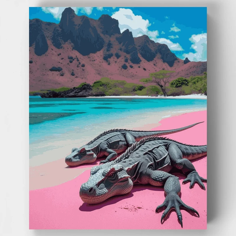 Komodo Dragons on Pink Sand Beach - Paint by Numbers Kit