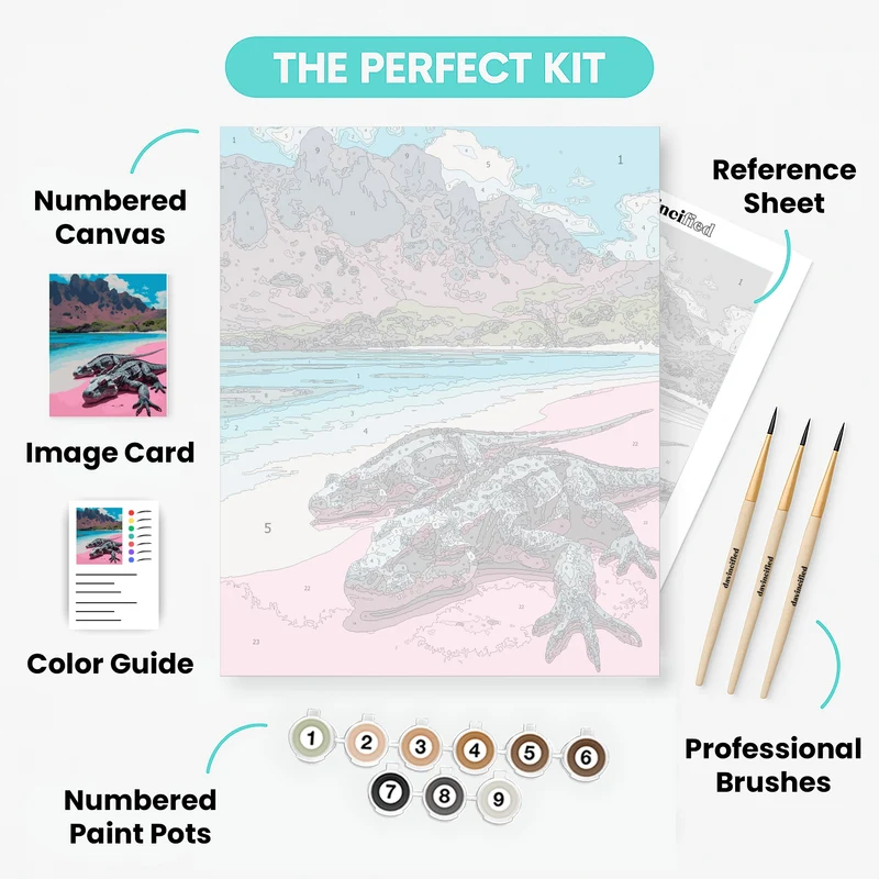 Komodo Dragons on Pink Sand Beach - Paint by Numbers Kit