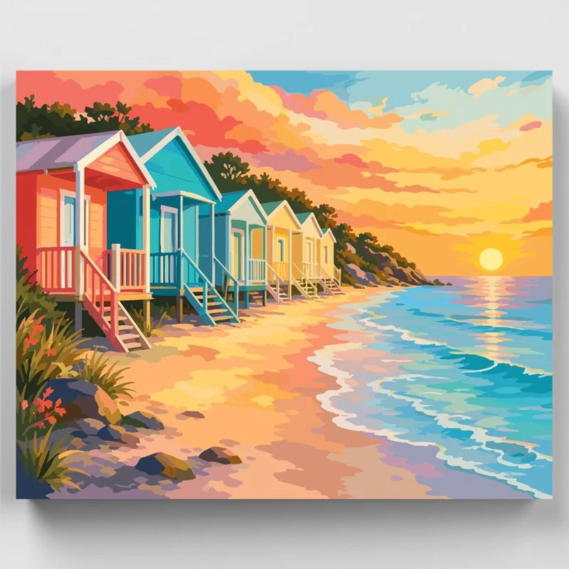 Rainbow Beach Huts at Sunset - Paint by Numbers Kit