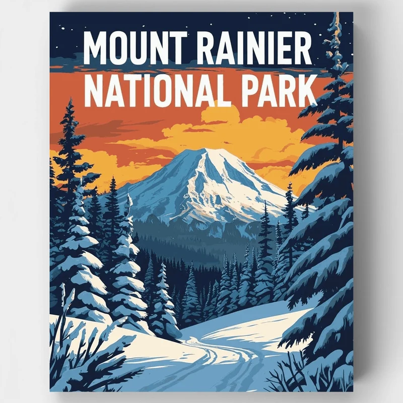 Mount Rainier National Park Snowy Forest Sunset - Paint by Numbers Kit