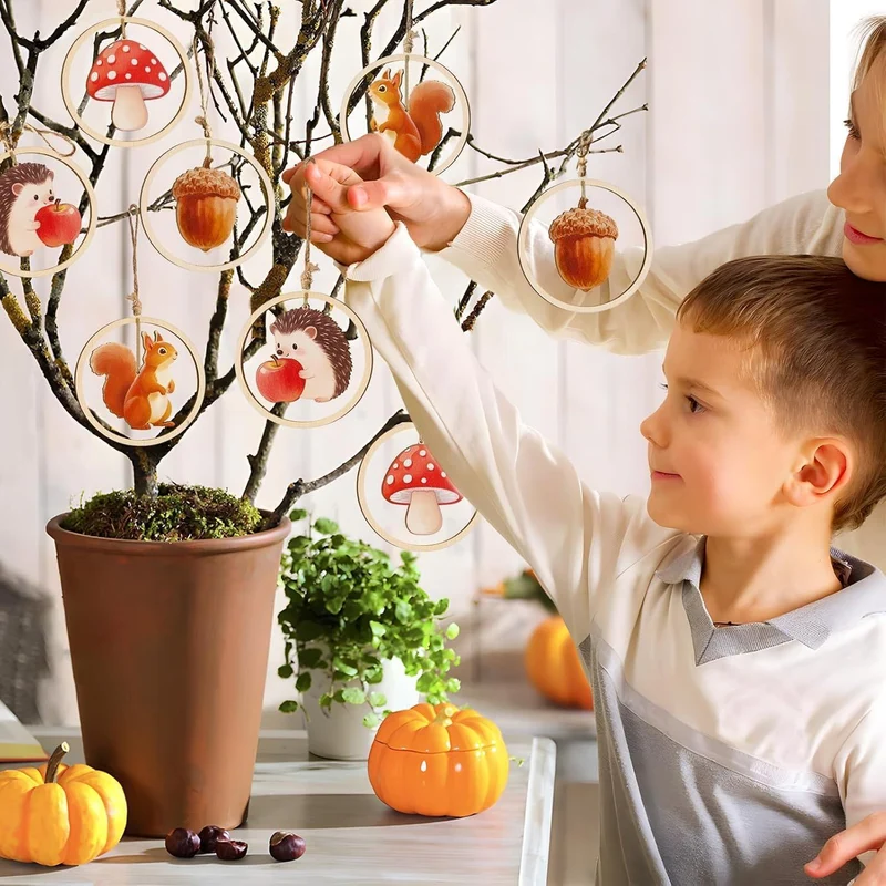 12er Herbst Holzanhänger Deko – Tiere, Pilze & Juteseil