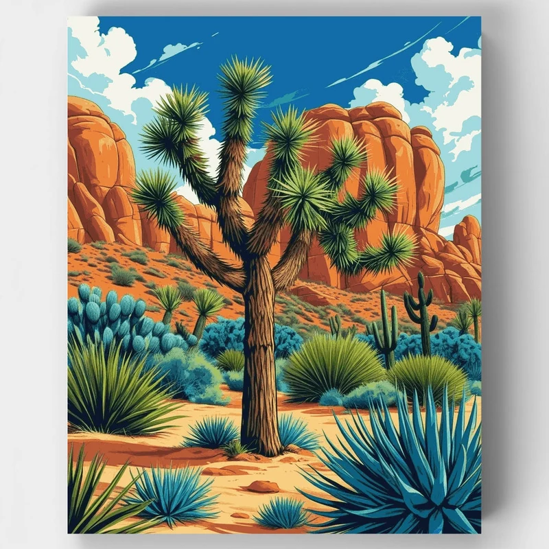 Joshua Tree National Park Desert Bloom with Red Rock Formation - Paint by Numbers Kit
