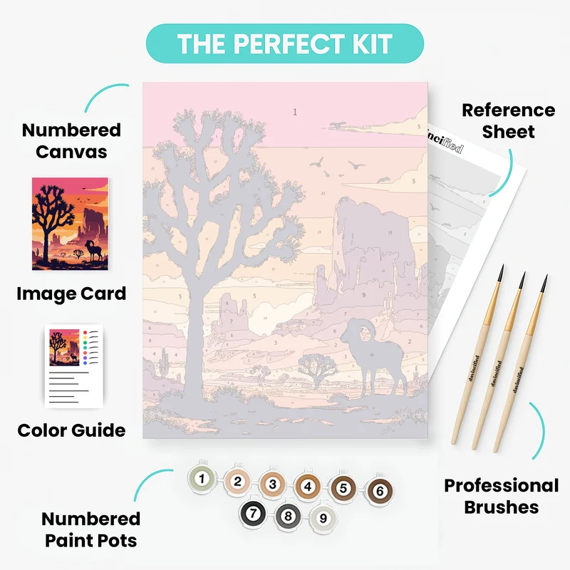 Joshua Tree National Park Desert Sunset with Bighorn Sheep - Paint by Numbers Kit