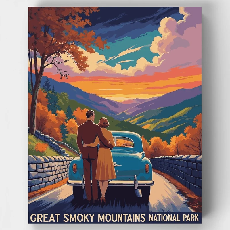 Great Smoky Mountains National Park Vintage Couple Overlook - Paint by Numbers Kit