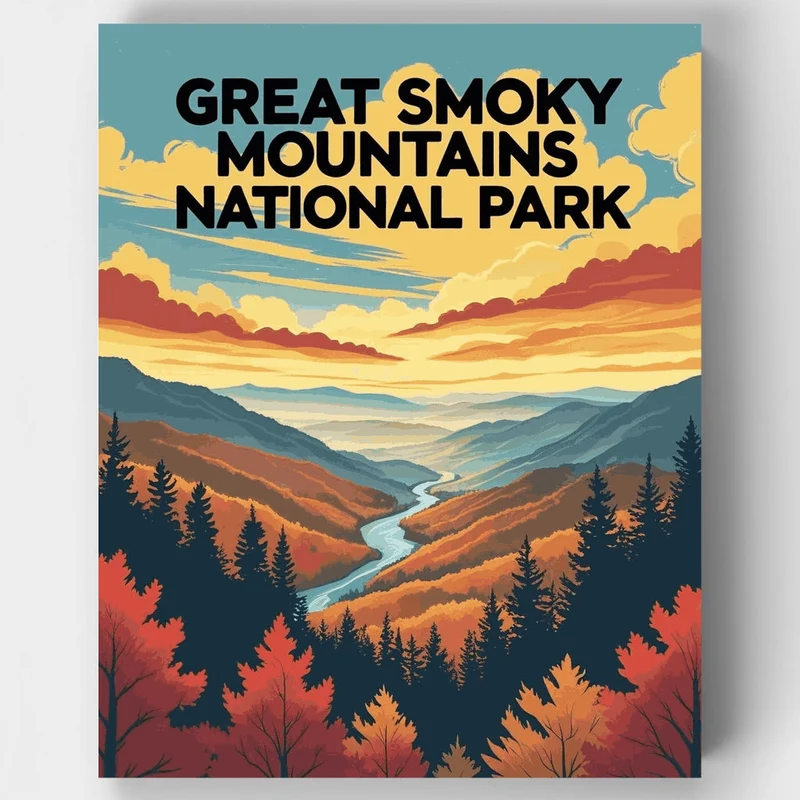 Great Smoky Mountains National Park Autumn River Canyon Sunset - Paint by Numbers Kit