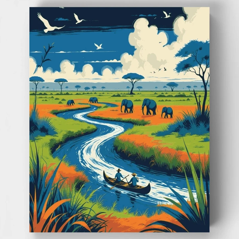 Okavango Delta Elephant Safari Canoe Journey - Paint by Numbers Kit