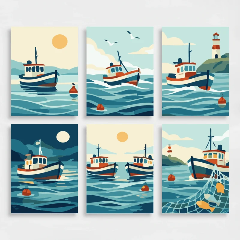 Coastal Fishing Boats - Mini Paint by Numbers Set