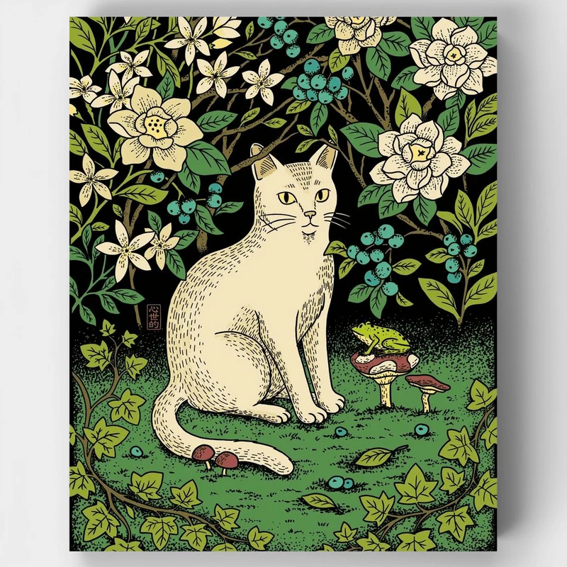 "Cat and Frog Floral Illustration" Paint by Numbers Kit