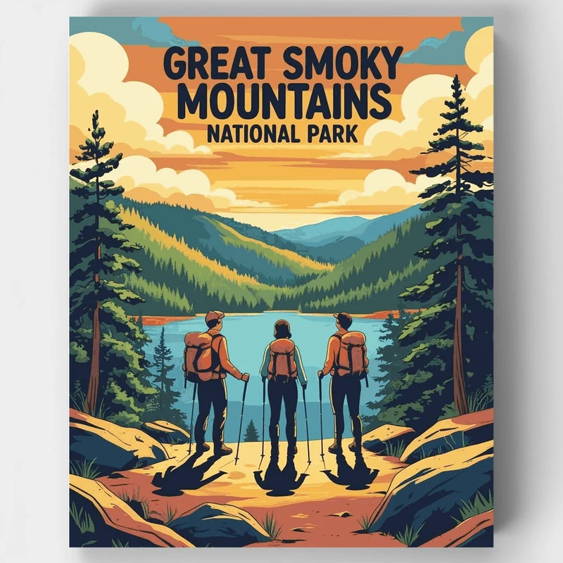 Great Smoky Mountains National Park Hikers at Alpine Lake - Paint by Numbers Kit