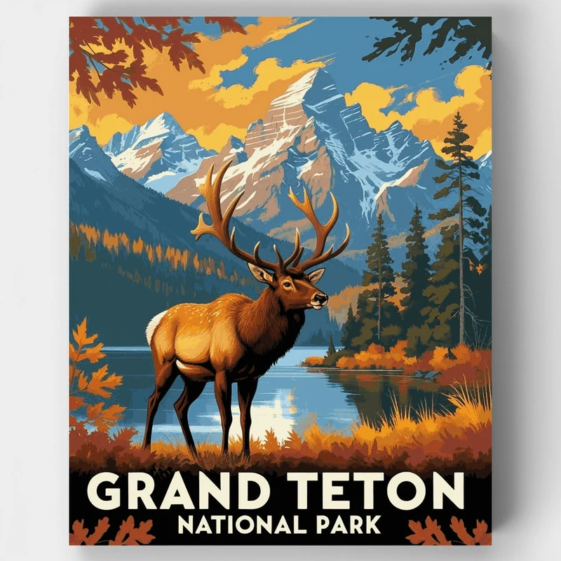 Grand Teton National Park Elk by the Lake in Autumn - Paint by Numbers Kit