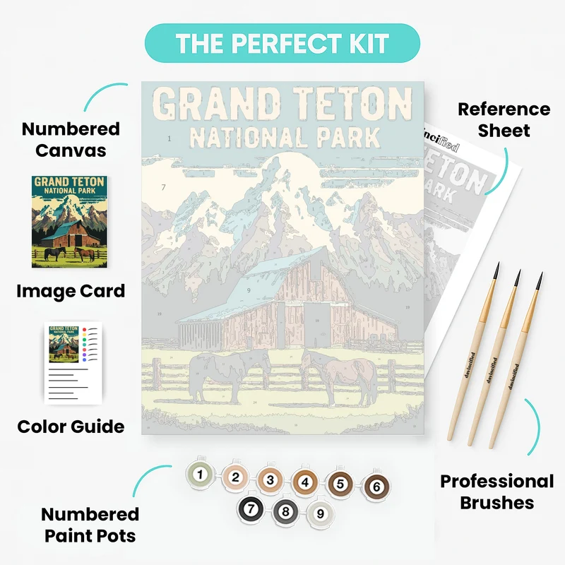 Grand Teton National Park Rustic Barn with Horses - Paint by Numbers Kit