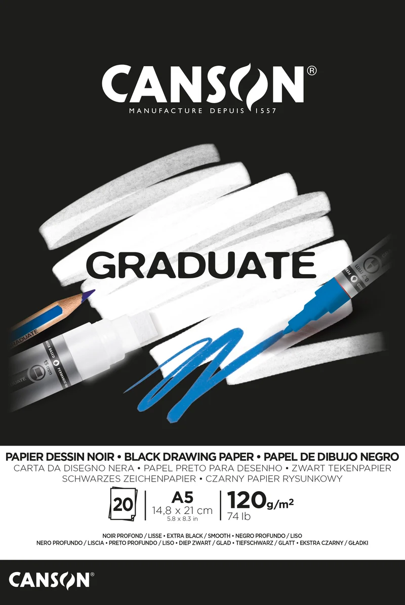 CANSON Graduate μαύρο μπλοκ σχεδίου 120 g/m² 20 φύλλα A5 κολλητό