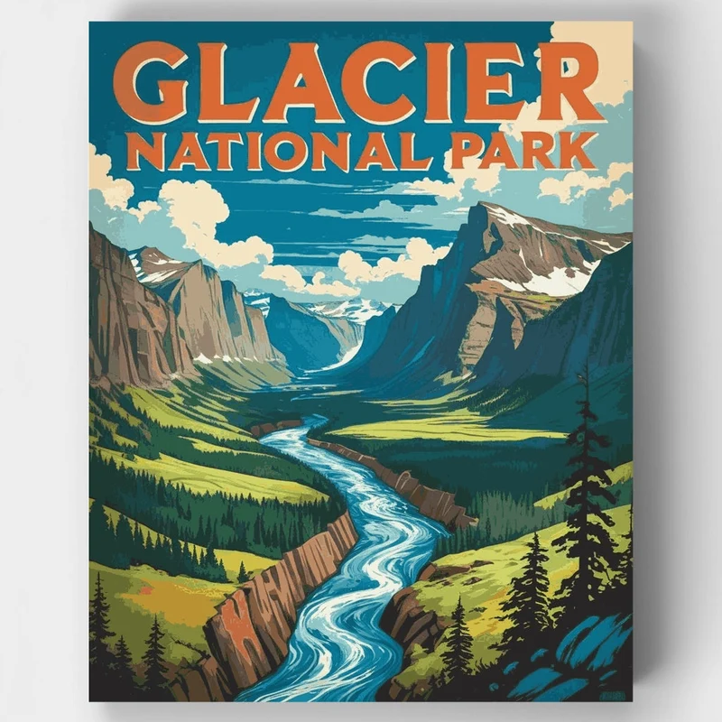 Glacier National Park Valley River Vista - Paint by Numbers Kit