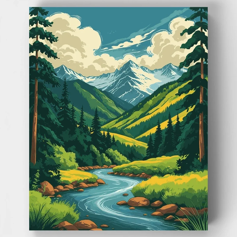 Denali National Park Mountain River Valley - Paint by Numbers Kit