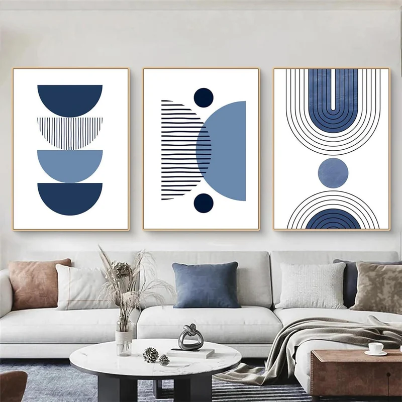 3er Boho Bilder Set Abstrakt Blau Pflanzen Wandposter Set 40x50cm