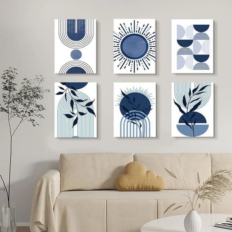 3er Boho Bilder Set Abstrakt Blau Pflanzen Wandposter Set 40x50cm