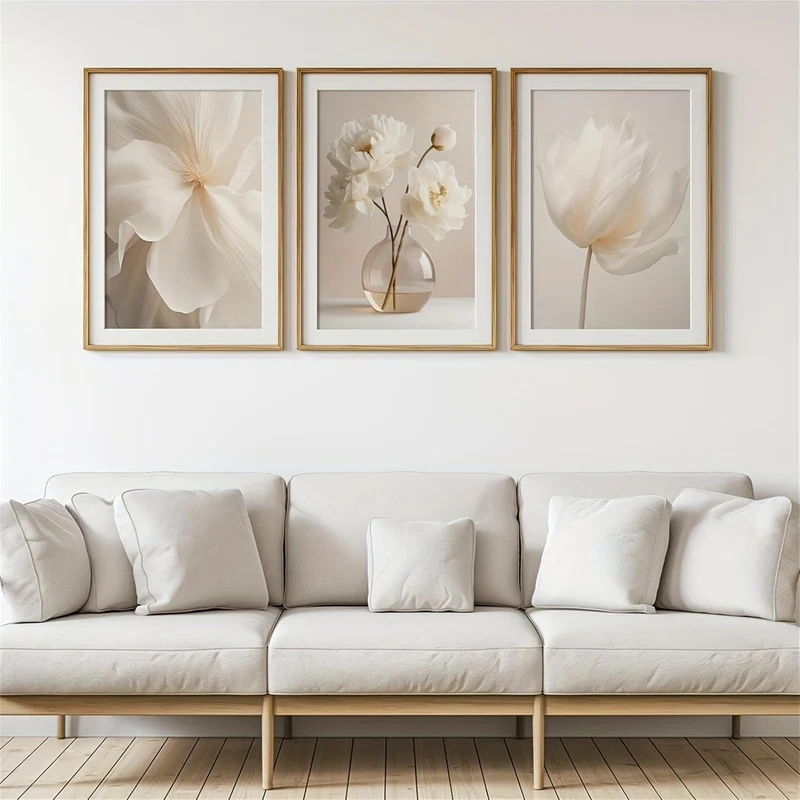 3er Set Boho Bilder Wanddeko Beige Blumen Poster 40x50cm