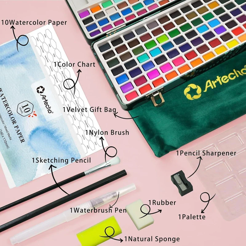 Aquarellfarben Set 128 Farben mit Zubehör, für Anfänger & Profis