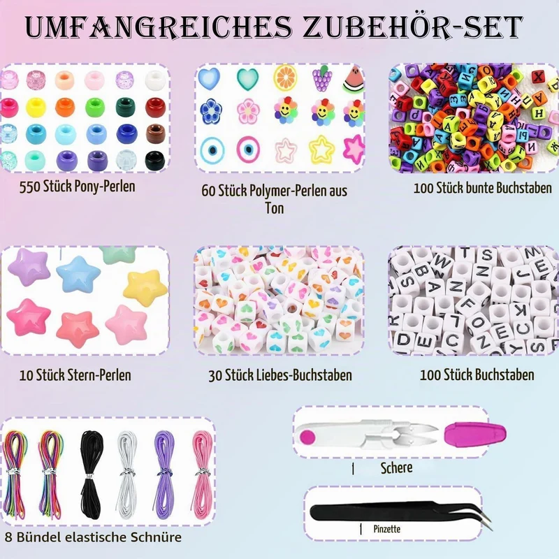 1000 Pony Perlen Set für Freundschaftsarmbänder & Schmuckbasteln