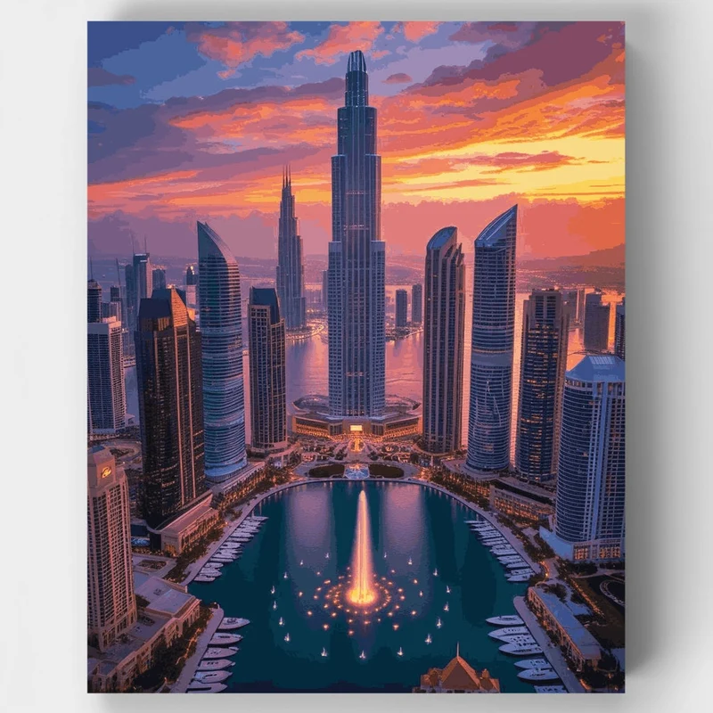Dubai Fountain & Burj Khalifa at Dusk - Paint by Numbers Kit