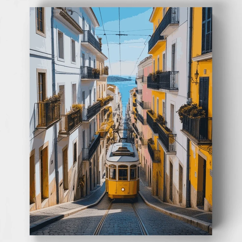 Lisbon Yellow Tram Street Scene - Paint by Numbers Kit