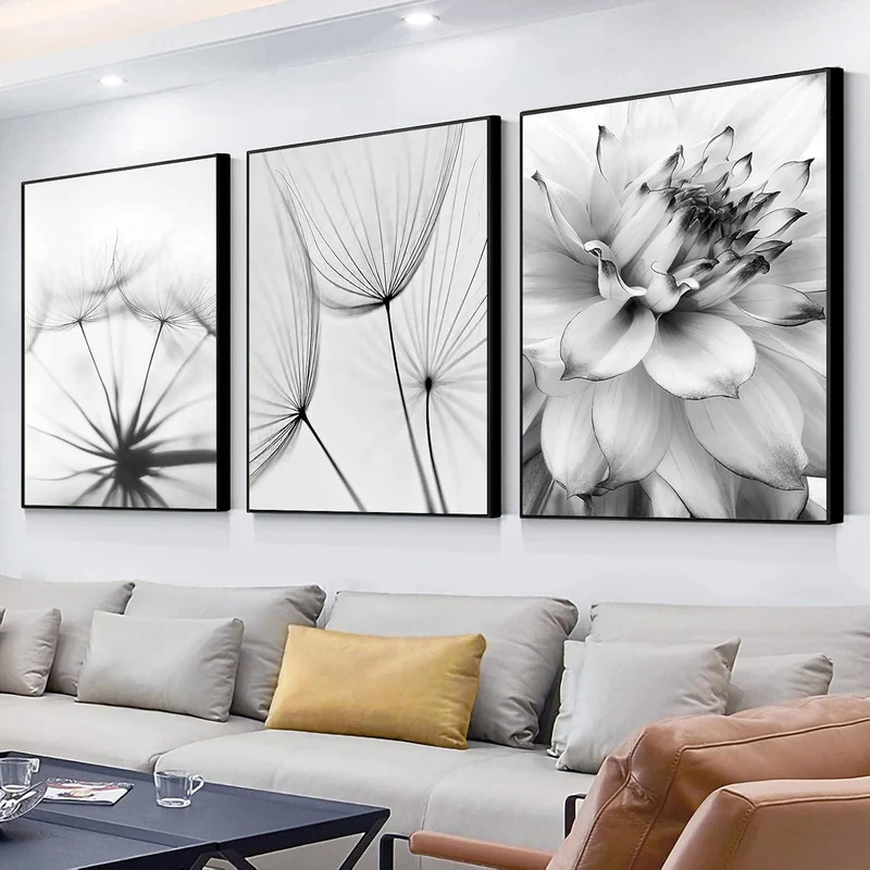 3-teiliges Poster Set Blume Feder Löwenzahn Schwarz Weiß 30x40cm