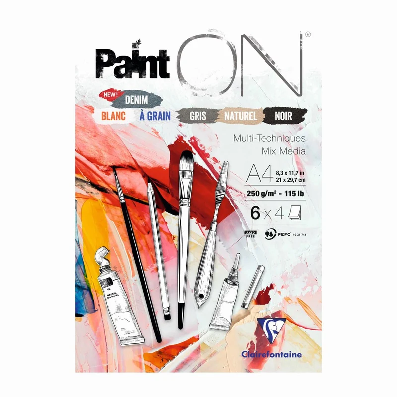 Clairefontaine Paint'On Mix Media blok št. 6 250 g 24 listov lepljen različne barve