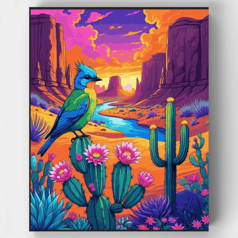 Arizona Desert Sunset with Cactus and Exotic Bird - Paint by Numbers Kit