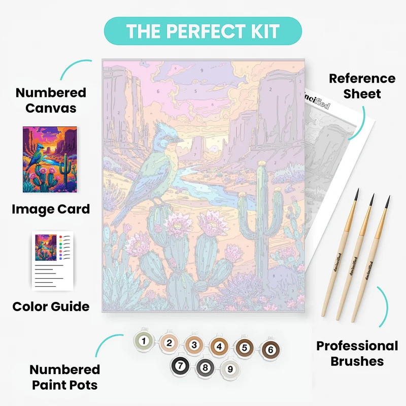 Arizona Desert Sunset with Cactus and Exotic Bird - Paint by Numbers Kit