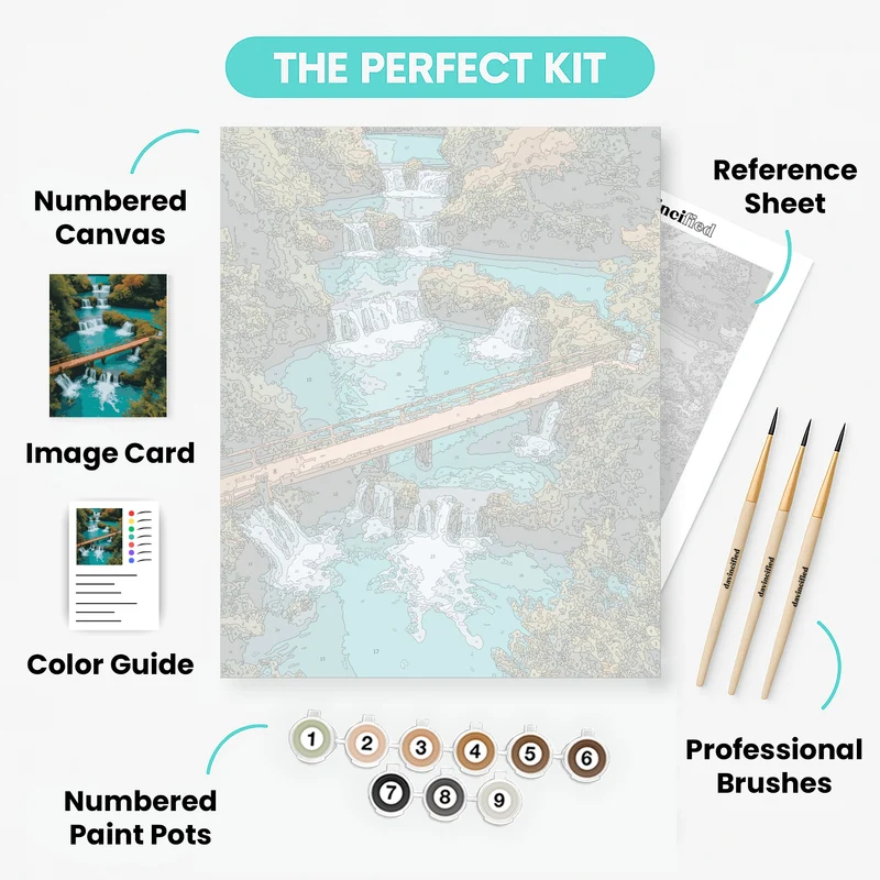 Plitvice Lakes Wooden Bridge Waterfalls - Paint by Numbers Kit