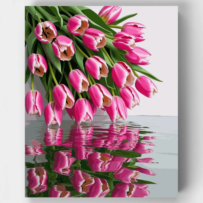 Pink Tulips with Water Reflection - Paint by Numbers Kit