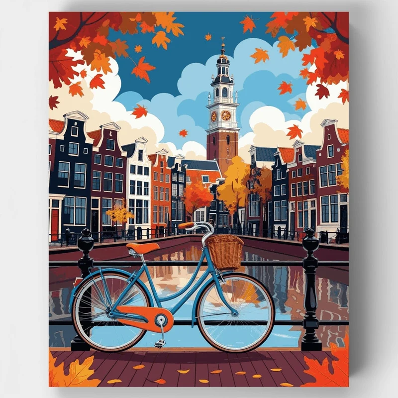 Amsterdam Canal Autumn Bicycle Bridge - Paint by Numbers Kit
