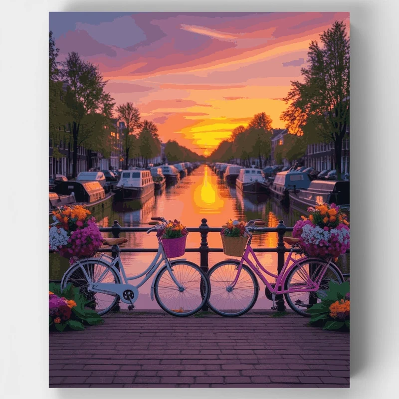 Amsterdam Canal Sunset with Bicycles - Paint by Numbers Kit