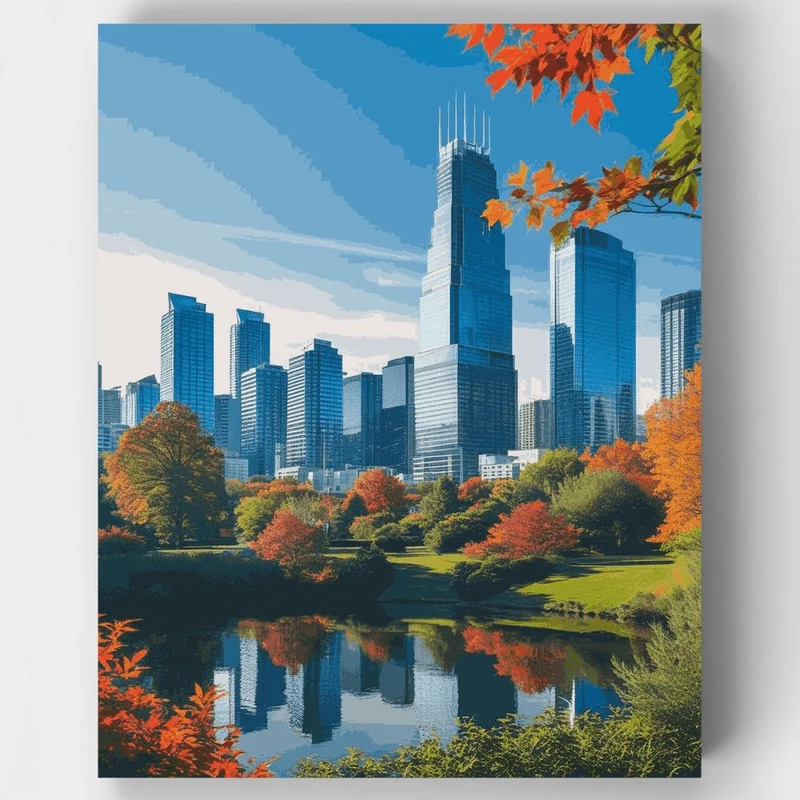 Chicago Skyline Autumn Park - Paint by Numbers Kit
