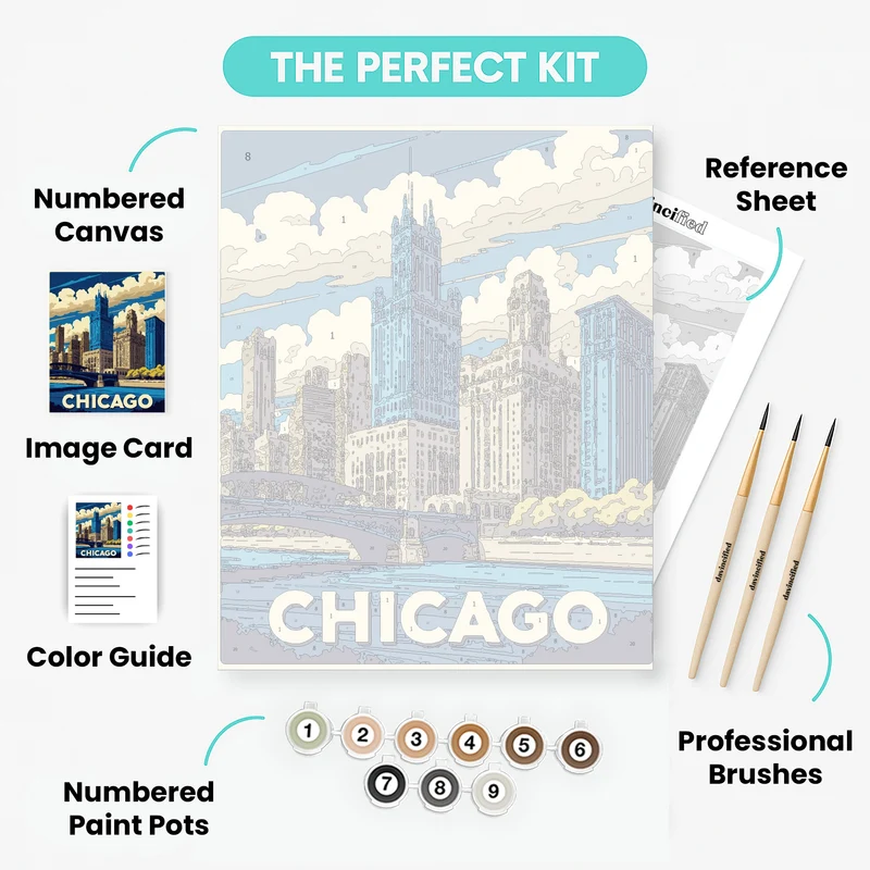 Chicago Skyline Vintage Travel Poster - Paint by Numbers Kit