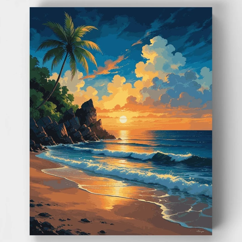 Hawaii Tropical Beach at Golden Sunset - Paint by Numbers Kit