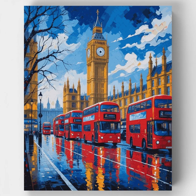 London Big Ben & Red Double-Decker Buses - Paint by Numbers Kit