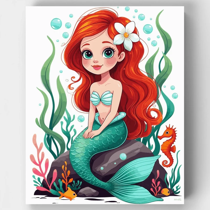Little Mermaid with Seahorse Underwater Scene - Paint by Numbers Kit