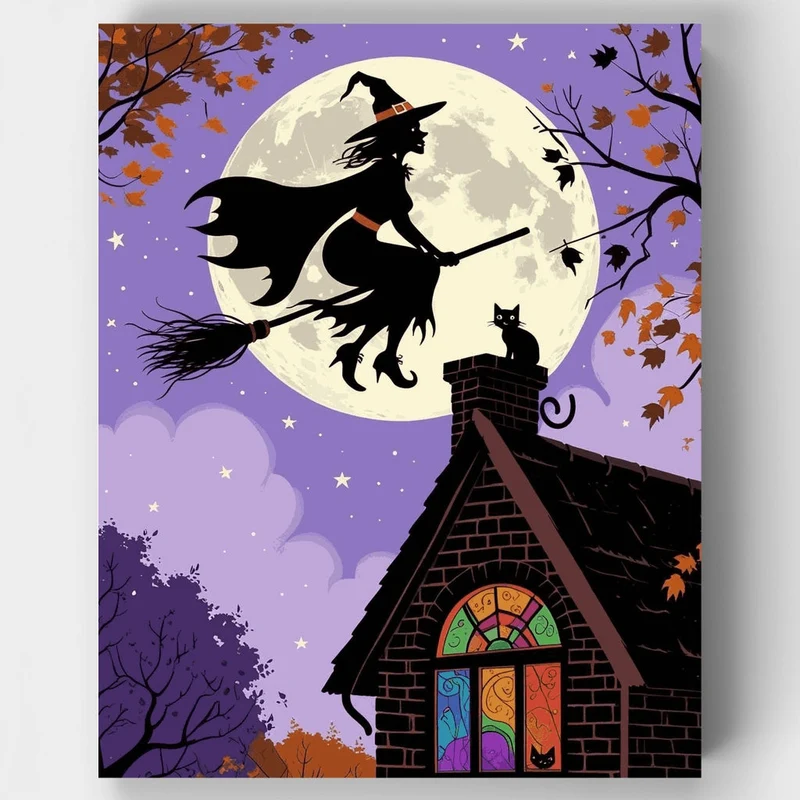 Witch Flying Over Moonlit Cottage - Paint by Numbers Kit