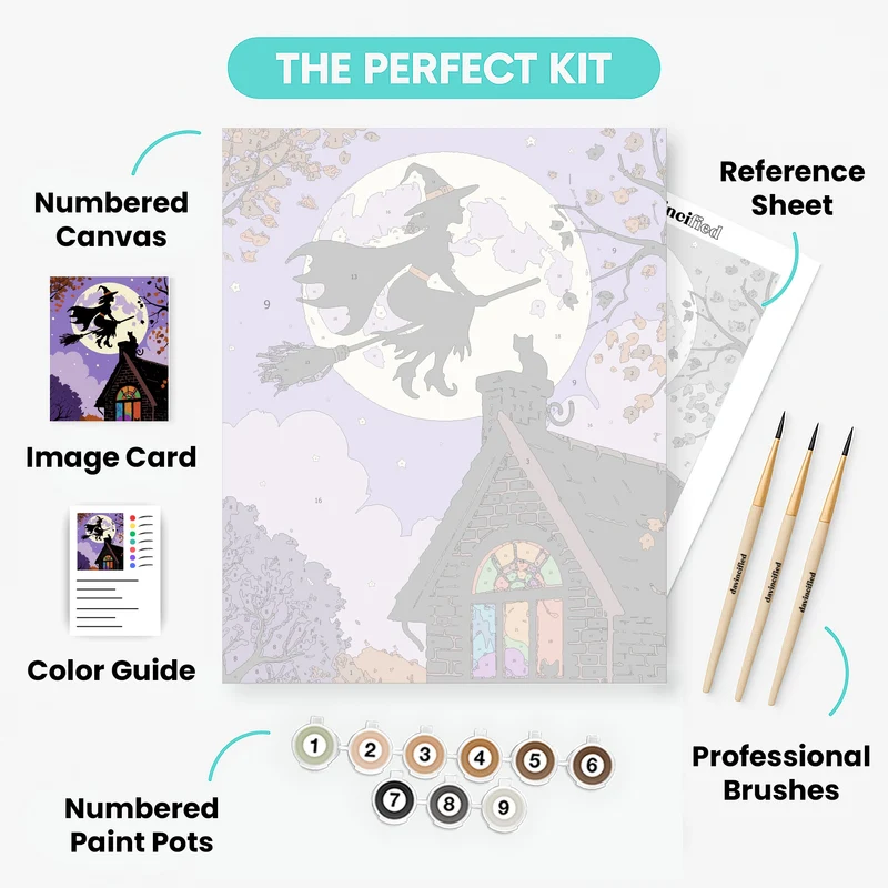 Witch Flying Over Moonlit Cottage - Paint by Numbers Kit