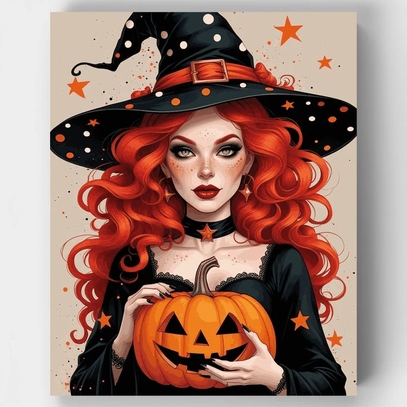 Enchanting Halloween Witch with Jack-o-Lantern - Paint by Numbers Kit