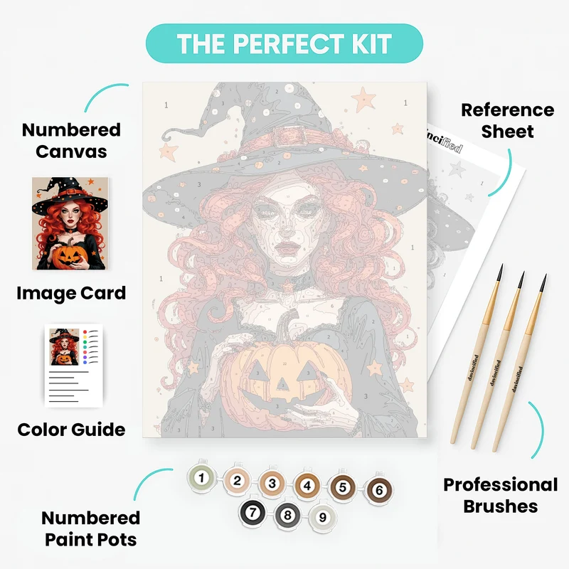 Enchanting Halloween Witch with Jack-o-Lantern - Paint by Numbers Kit