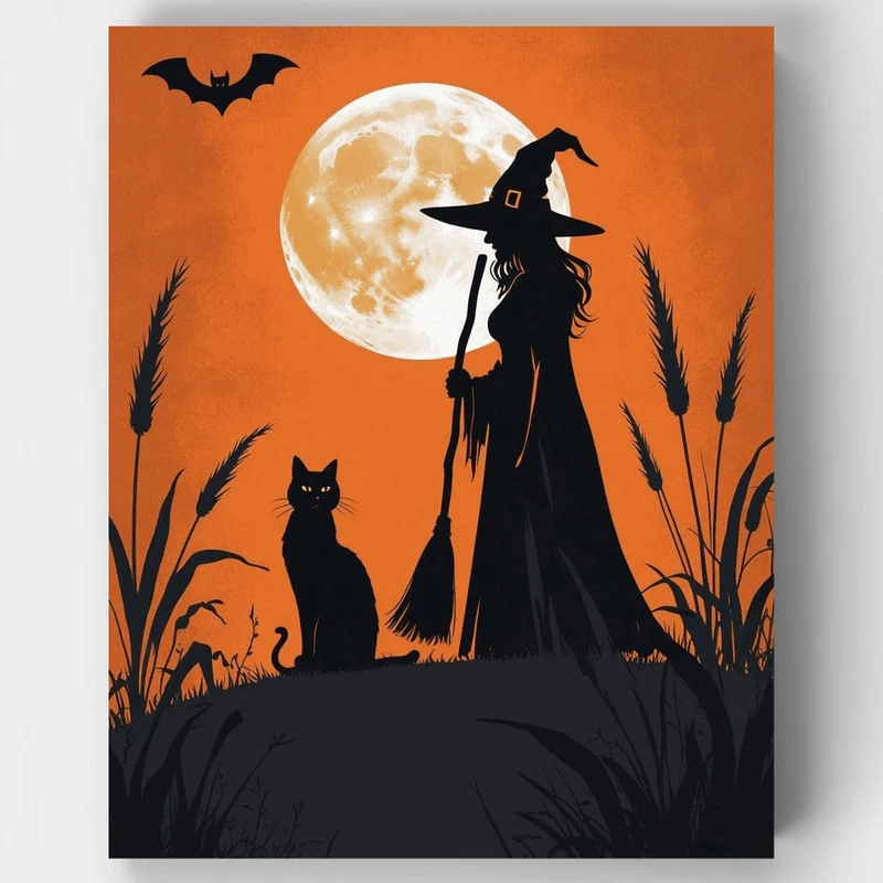 Halloween Witch and Black Cat at Full Moon - Paint by Numbers Kit