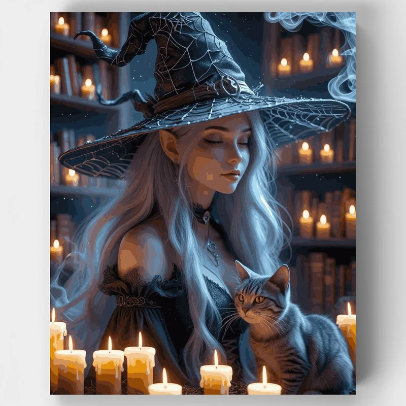 Witch with Cat by Candlelight - Paint by Numbers Kit