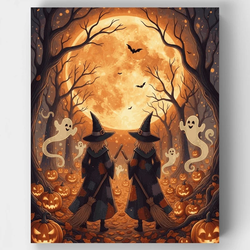 Twin Witches Halloween Night - Paint by Numbers Kit