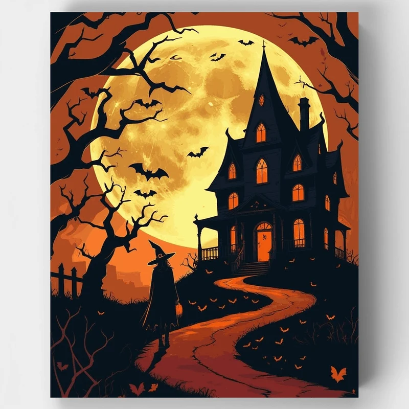 Haunted House Witch Under Full Moon - Paint by Numbers Kit