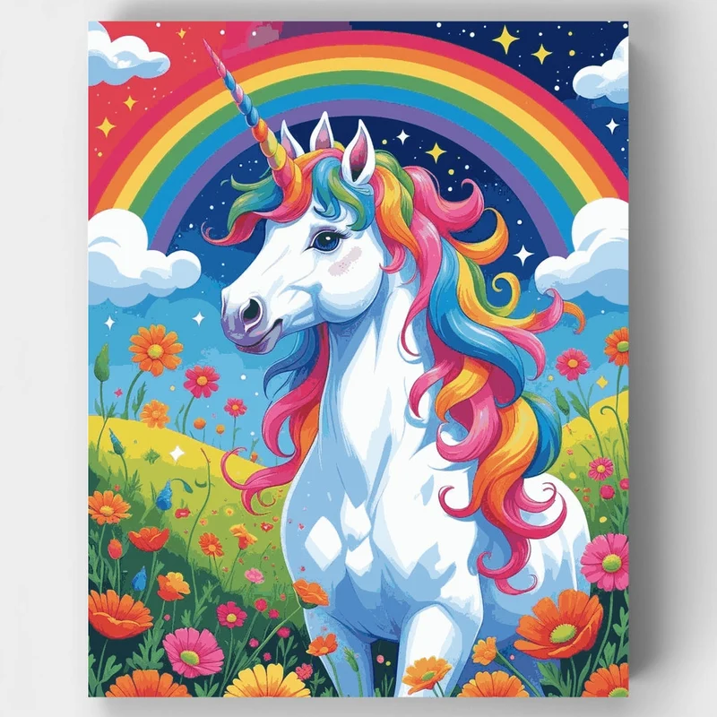 Rainbow Unicorn in Flower Meadow - Paint by Numbers Kit