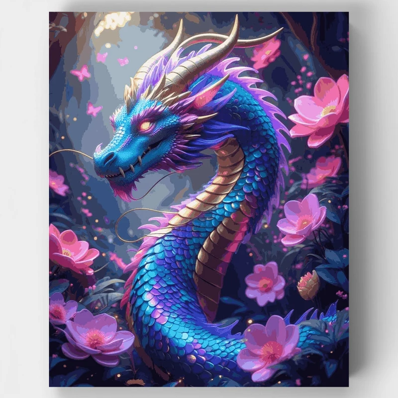 Mystical Blue Dragon in Enchanted Garden - Paint by Numbers Kit
