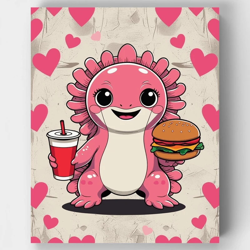 Cute Axolotl with Burger and Soda - Paint by Numbers Kit